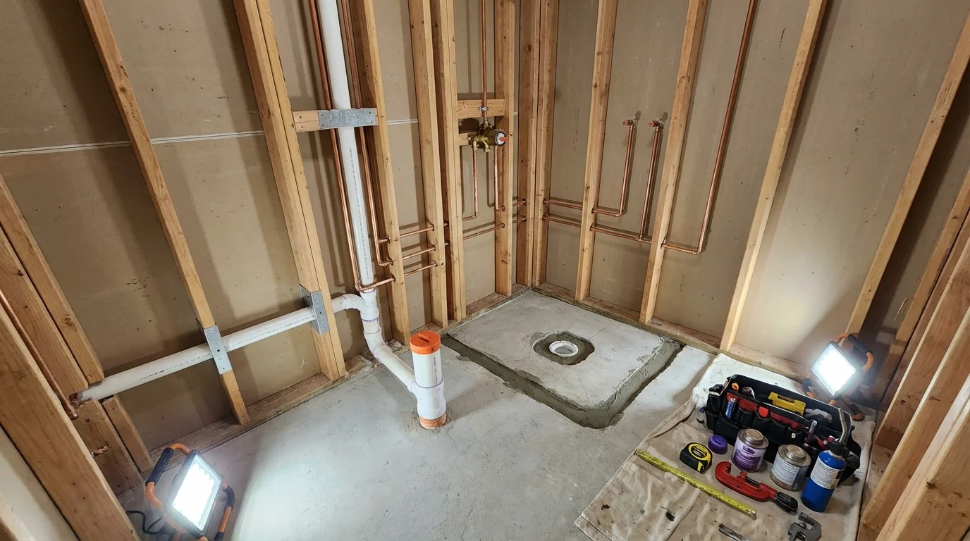 Bathroom rough-in plumbing during remodel by Johns Plumbing LLC in Convoy