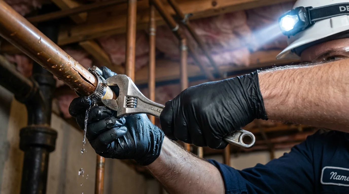 Emergency pipe clamp repair being performed by a Johns Plumbing LLC plumber in Convoy