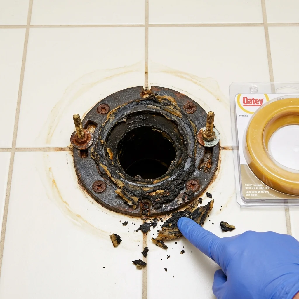 Failed wax ring showing water seepage at the base of a toilet in a Convoy, OH home