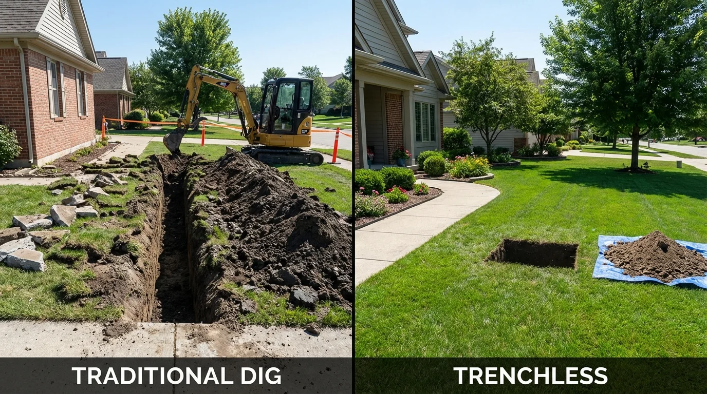 Trenchless sewer repair with minimal yard damage versus traditional excavation in Convoy, OH
