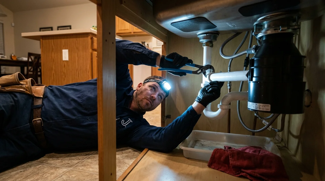 P-trap and supply line connections under a kitchen sink showing a common leak point in Convoy, OH